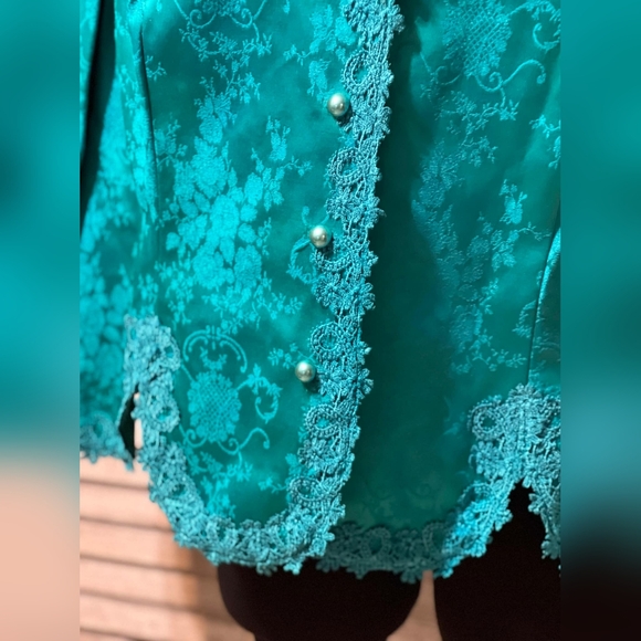 Vintage 80s Brocade Floral Embroidered Skirt Set Suit Pearl Dress Jacket Blazer - Picture 3 of 16